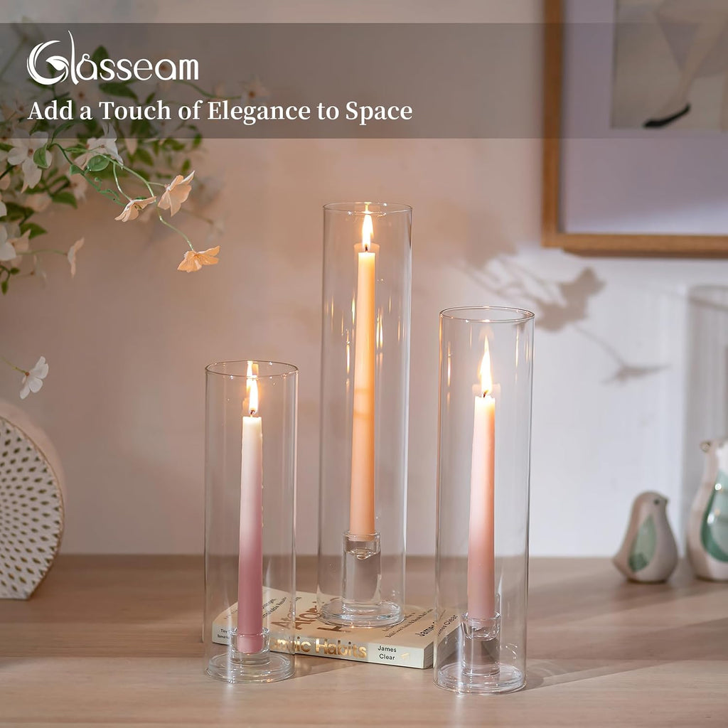 Hurricane Candlestick Holders: 12 Pcs Glass Taper with Cylinder | 2.5mm Thick Glass Sleeves, 9.84''/11.84''/13.78''