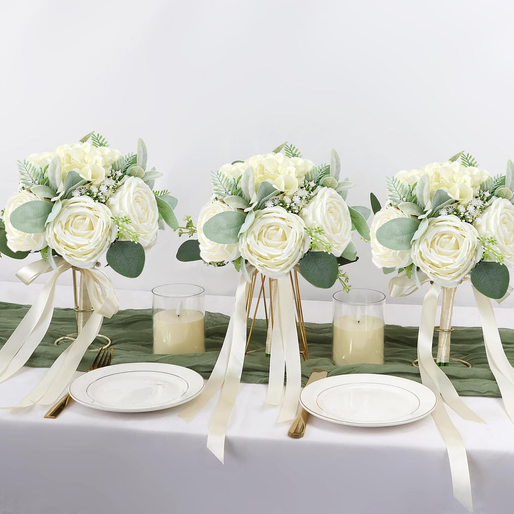 White Bridesmaid Bouquets for Wedding - Silk Artificial Ivory Bridesmaid Flowers, Pre-Made Roses Sage Green Boho