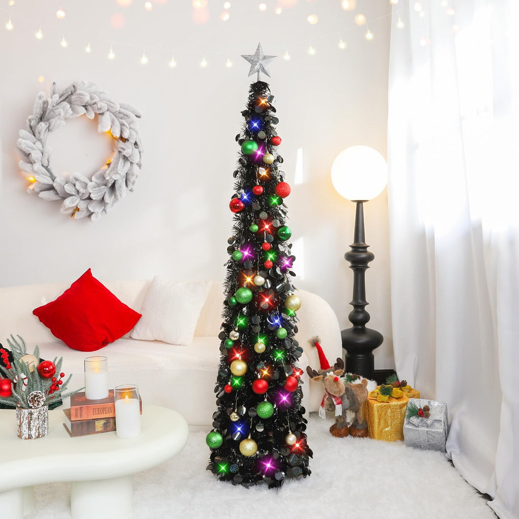 Pop Up Black Tinsel Christmas Tree, 5Ft Collapsible with Lights & 30 Balls, Skinny Christmas Tree Decor for Holiday