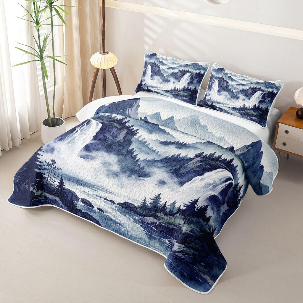 Navy Blue Ink Wash Mountain Waterfall Quilt Quilted Blanket - Rustic Woodland Pine Forest Cabin Lodge