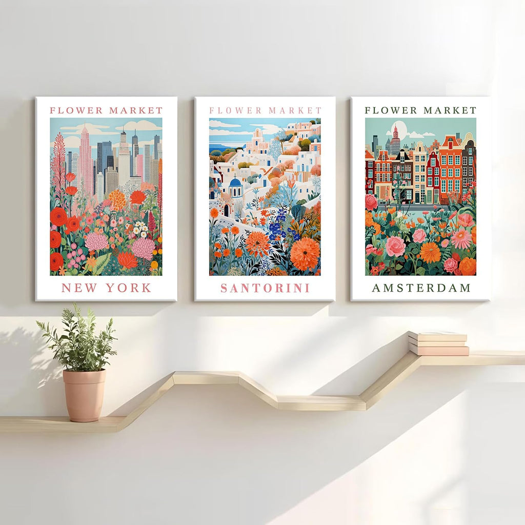 3 Piece Flower Market Wall Art City Floral Canvas Wall Art Colorful City Flower Pictures Wall Decor Vintage Travel