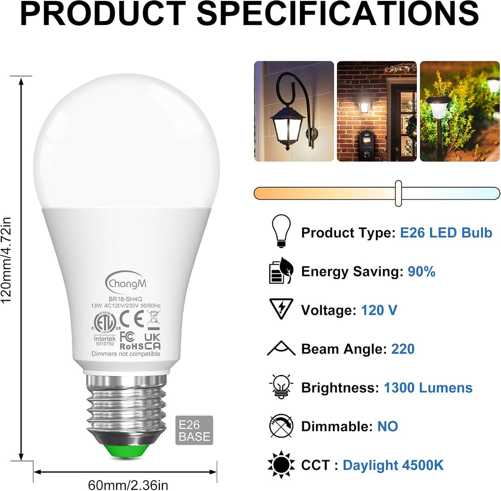 Dusk to Dawn Light Bulbs Outdoor Automatic On/Off Sensor LED Bulbs, Outdoor Lighting 13W(130 Watt Equivalent) LED
