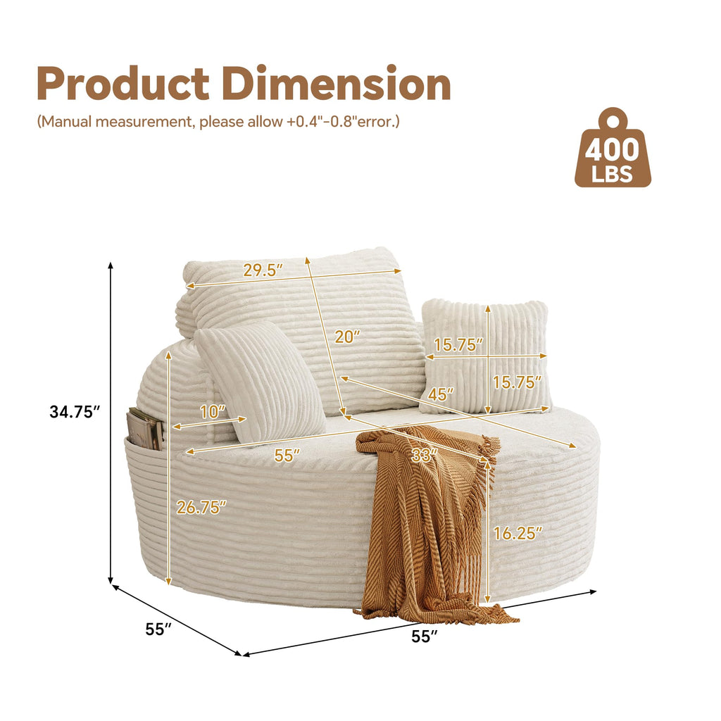 55" Oversized Round Chaise Lounge Chair, Beige White