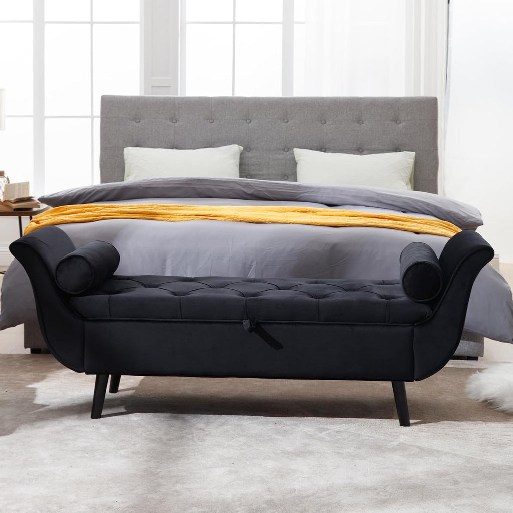 65" Black Velvet Storage Bench End of Bed Couch, King Size Tufted Upholstered Ottoman Benches with Rolled Arms and