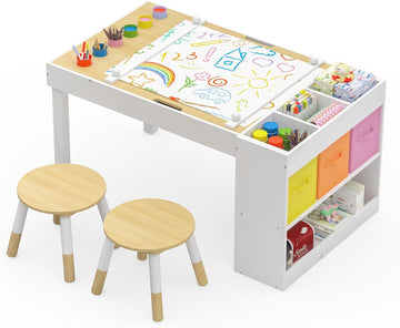 Kids Art Table and 2 Chairs Set, Wooden Craft Desk with Storage Shelves, 3 Storage Bins & Paper Roll for Drawing