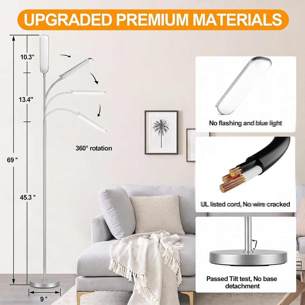 Silver Modern Floor Lamp, 18W 1800LM Bright LED, Touch Control & Memory Function, Dimmable Timing Eye-Caring Lamp
