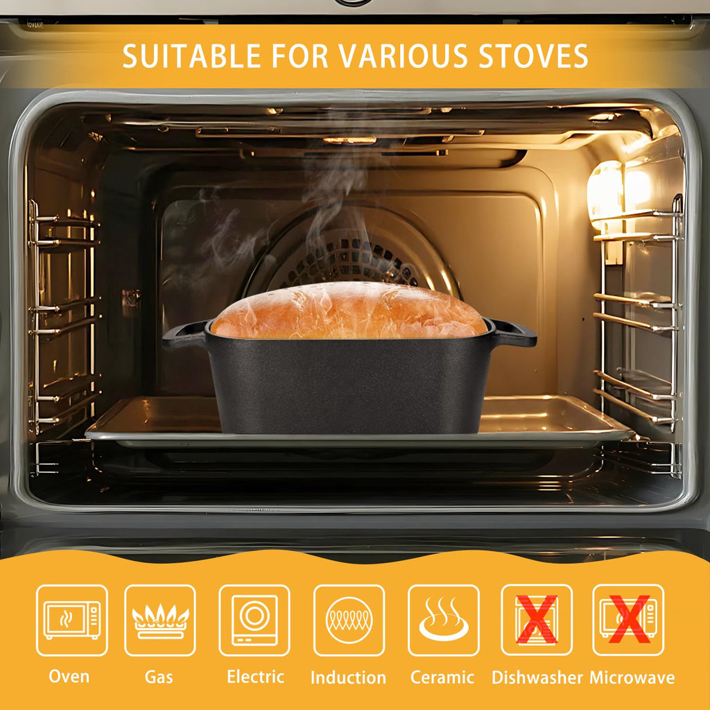 3.6 QT Cast Iron Loaf Bread Pan with Lid, Oval Dutch Oven for Bread Baking