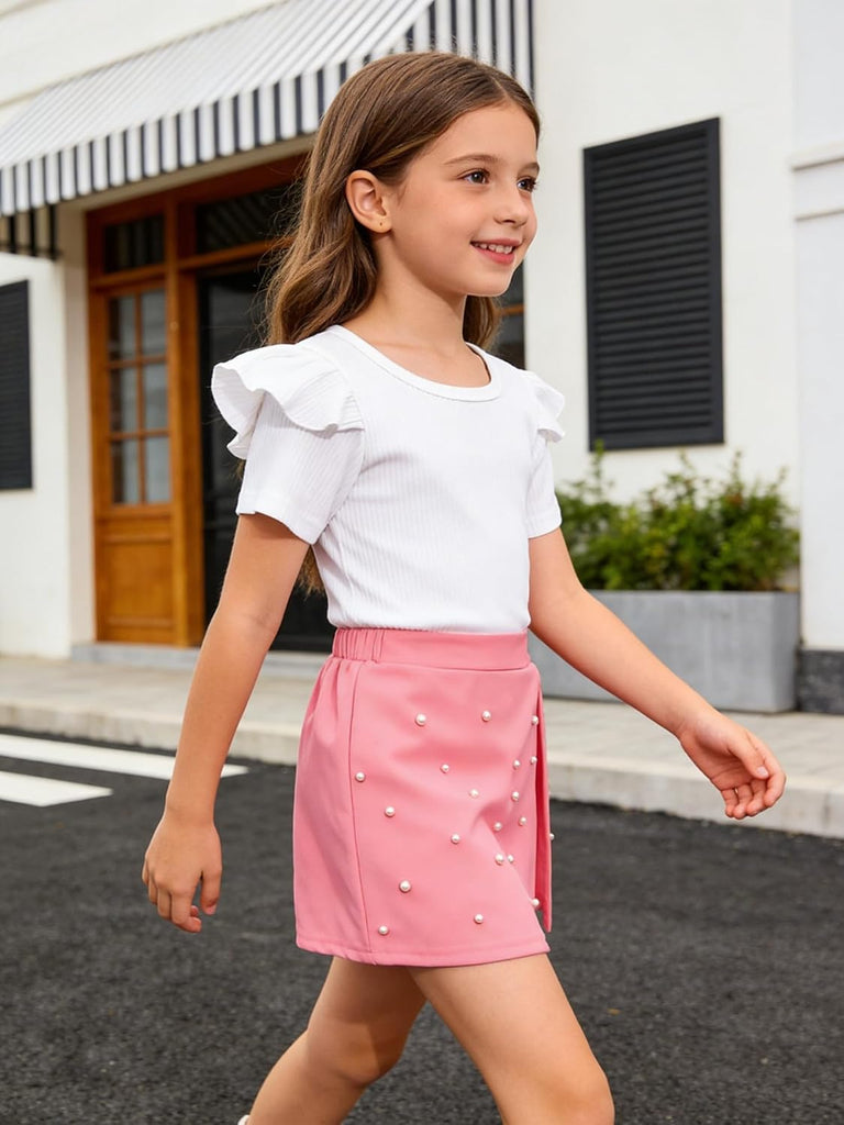 2 Piece Clothes Ruffled Sleeve Striped Top and Pearl Skirt Short Set Girl Summer Clothes