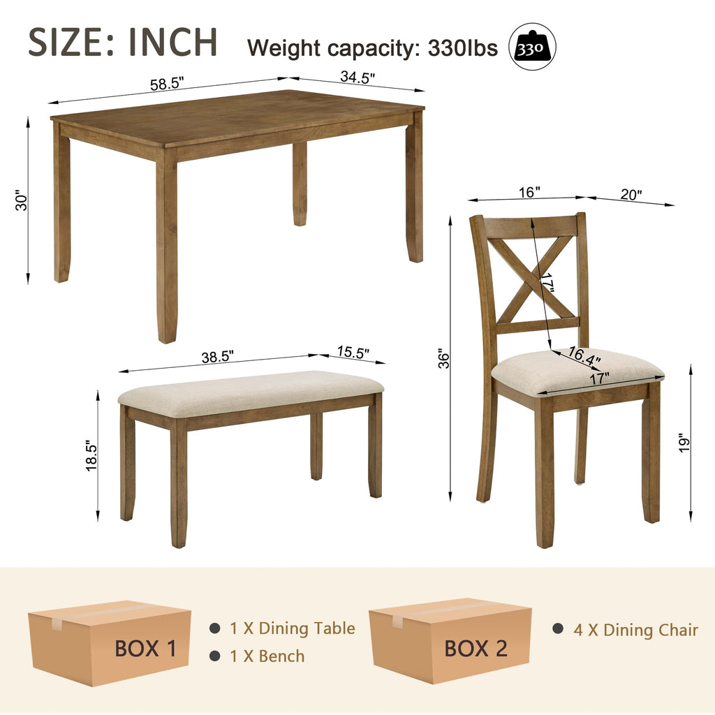 6-Piece Dining Set, 58.5" Table with X-Back Chairs & Upholstered Bench