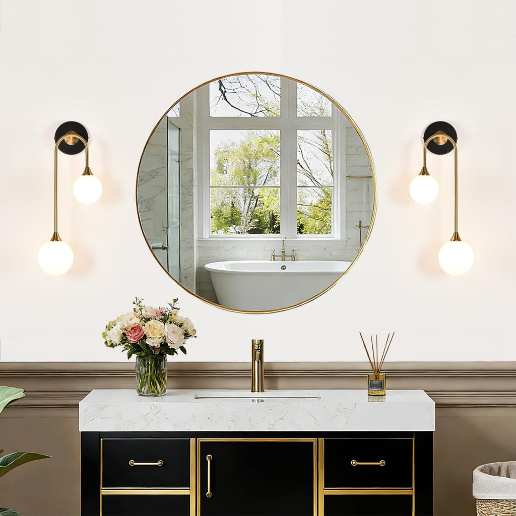 Mid Century Modern Wall Sconce Set of 2 Black and Gold Milk Glass Sconces with Double Ball Hardwired Wall Light