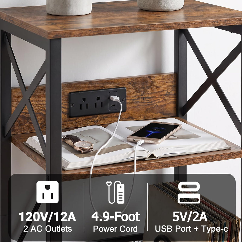 Record Player Stand with Charging Station, Vinyl Record Storage