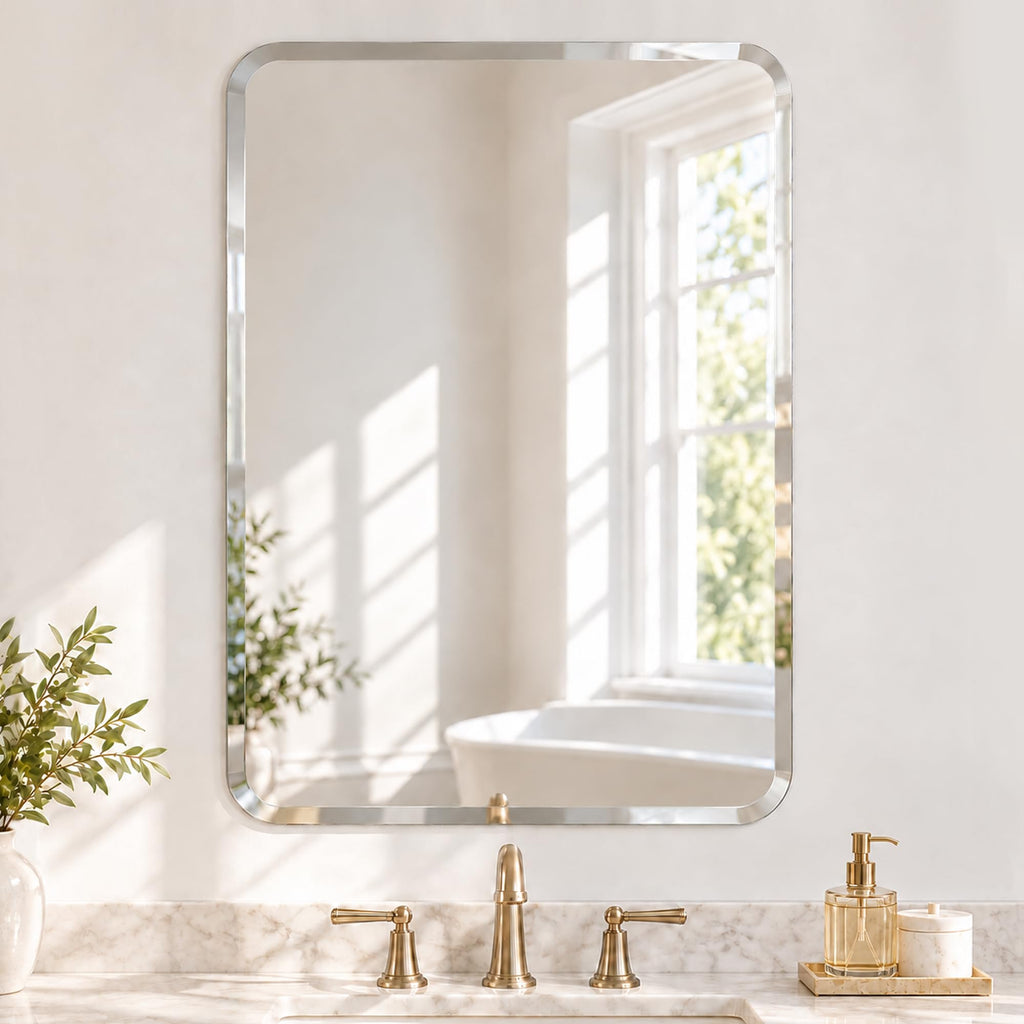 22x30 Inch Rounded Rectangle Bathroom Mirror, Frameless Beveled
