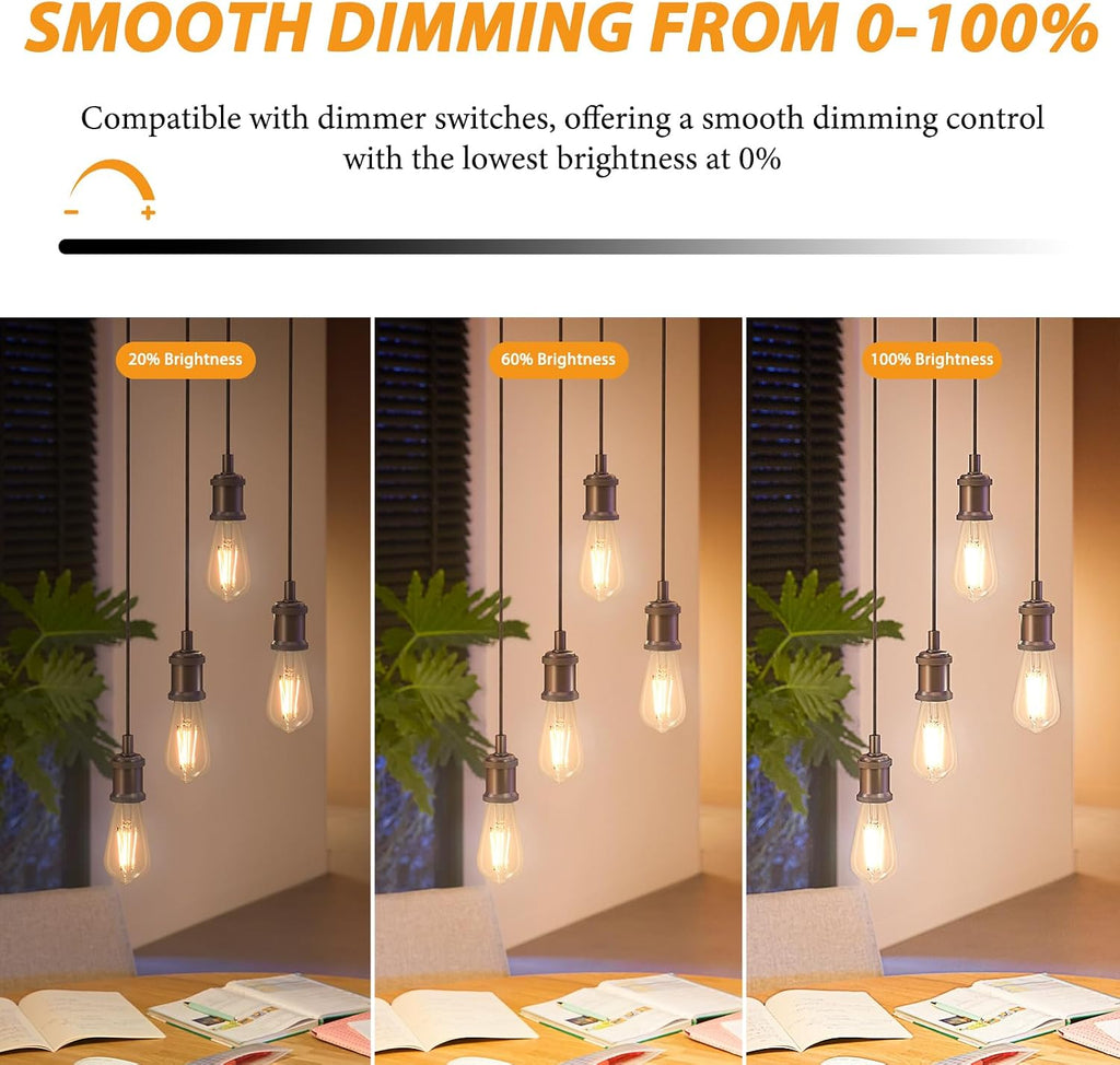 Dimmable Vintage LED Edison Bulbs 60W Equivalent, 6-Pack 6W 800LM Bright ST58 2700K Warm White Antique LED Filament
