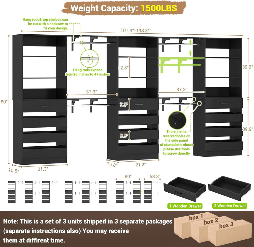 Closet System with 12 Drawers, 138.5" Wood Closet Organizer System with 4 Hanging Rods & Top Shelves, 6.7+4.85Ft L