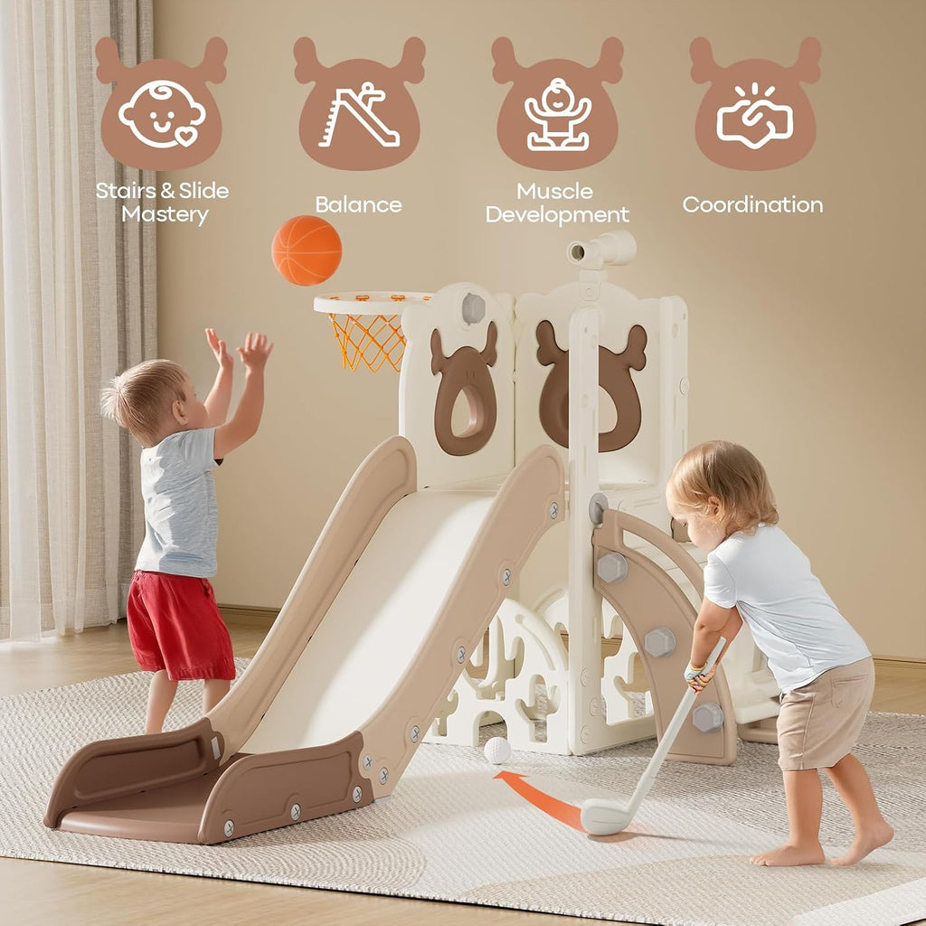 7 in 1 Toddler Slide, Kids Slide for Toddlers1-3,Beige & Rosy Brown