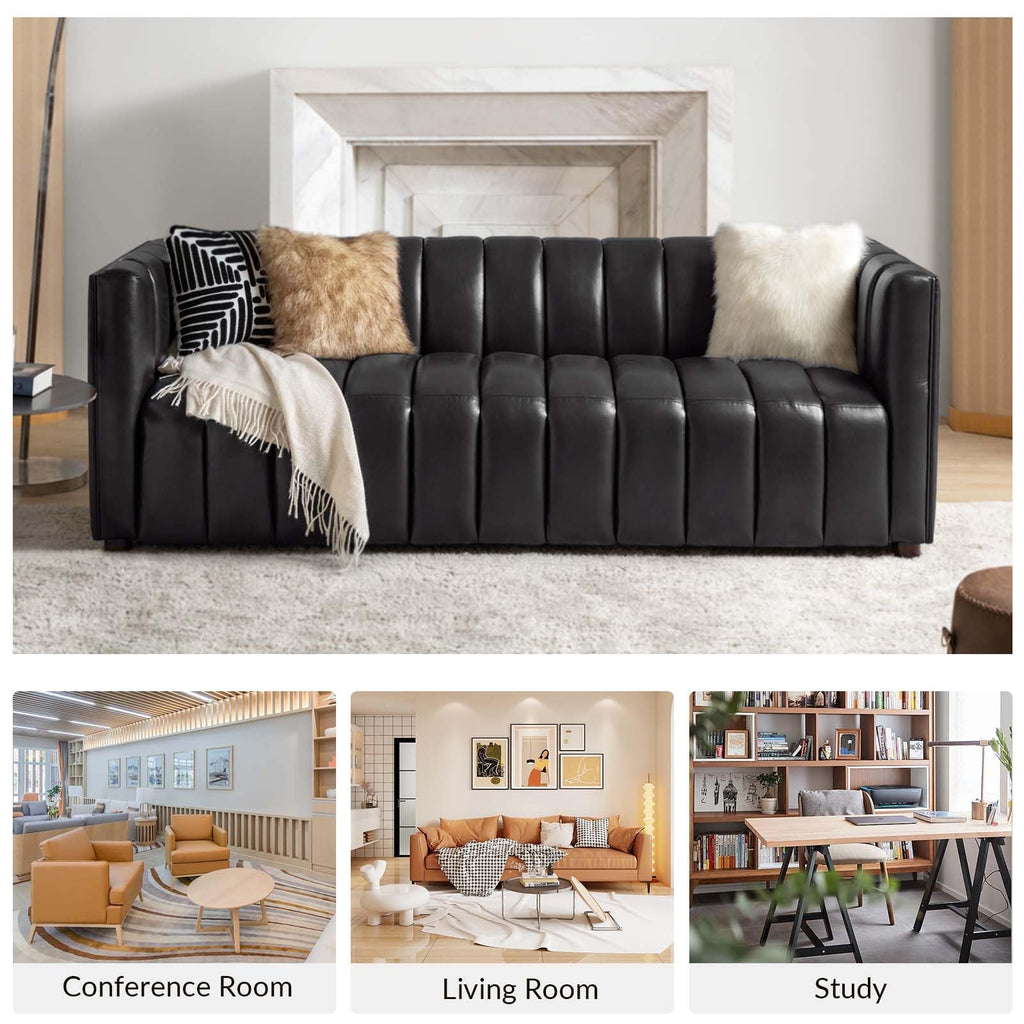 83" Genuine Leather Sofa with Channel Tufted Design, Black