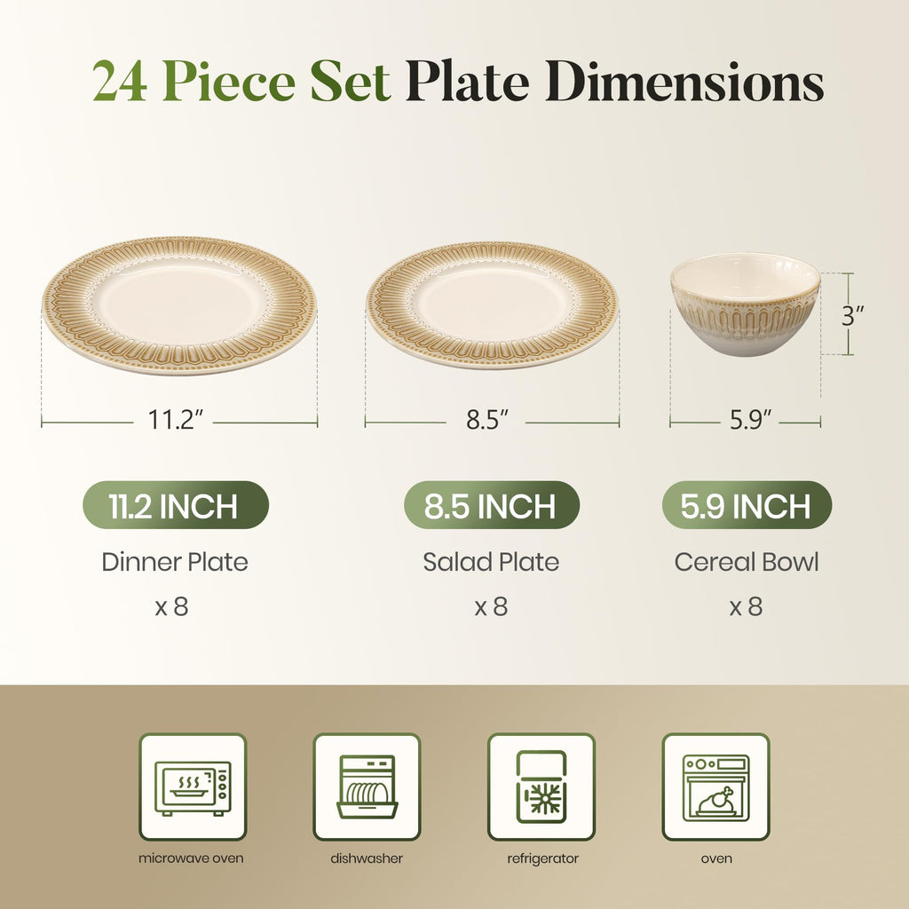24 Pieces Stoneware Dinnerware Sets for 8, Brown
