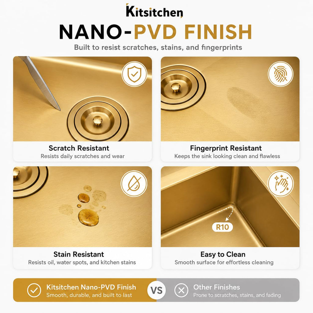 Gold Undermount Kitchen Sink, 32" x 19" x 10", 16 Gauge T304 Stainless Steel Workstation Sink, Deep Single Bowl