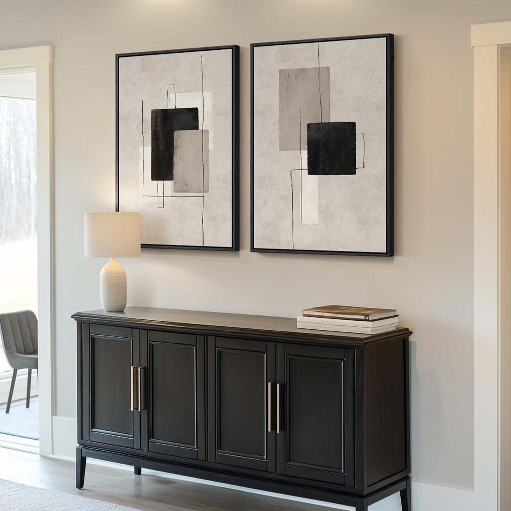 Large Framed Neutral Abstract Wall Art Set of 2, 24x36 In