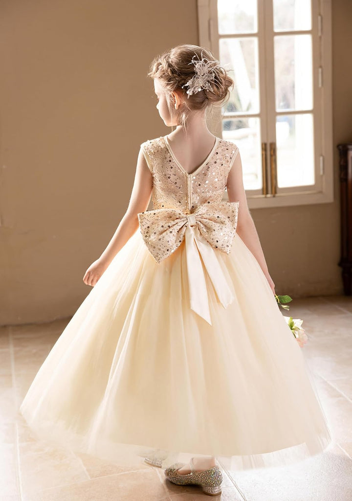 Sequin Tulle Dress Formal Pageant Sparkly Birthday Party Wedding Guest Ball Gown Dresses with Bow