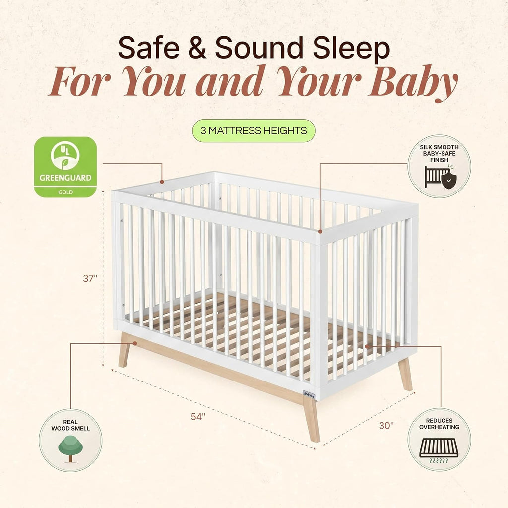 Baby Soho 3-in-1 Convertible Wood Crib, Made in Italy, White/Natural | Crib to Toddler Bed, GREENGUARD Gold