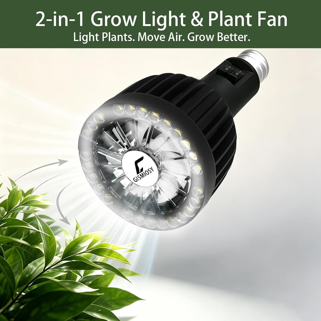 Grow Light Bulb with Built-in Plant Fan, Full Spectrum LED Plant Light Bulb, 20W, E26 Base, 6000K Plant Light