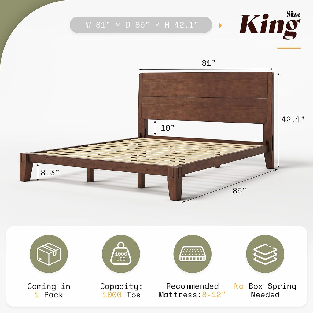 Solid Wood King Bed Frame with Headboard, Japanese Joinery, Walnut