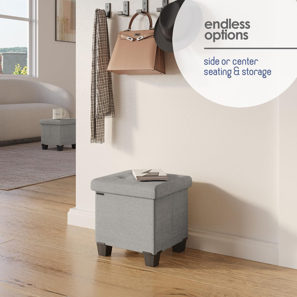 Storage Ottoman Cube with Small Bin, 15-in Square Ottoman with Storage, Small Ottomans Foot Rest, Fabric Foot Stools