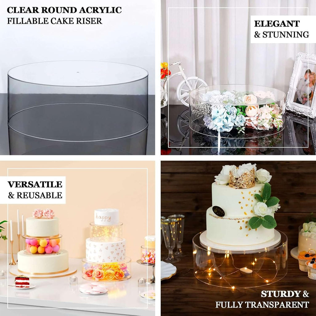 14" Round Clear Acrylic Cake Stand, Transparent Fillable Display Box, Pedestal Riser with Hollow Bottom for Weddings