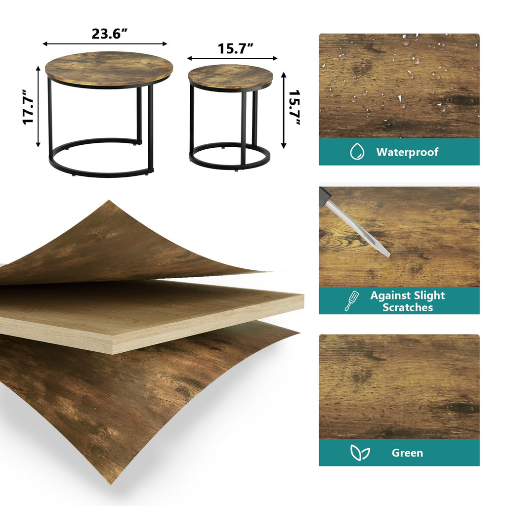 Nesting Coffee Set of 2, 23.6" Round Coffee Rustic Wood Top with Adjustable Non-Slip Feet, Industrial End Side Tables