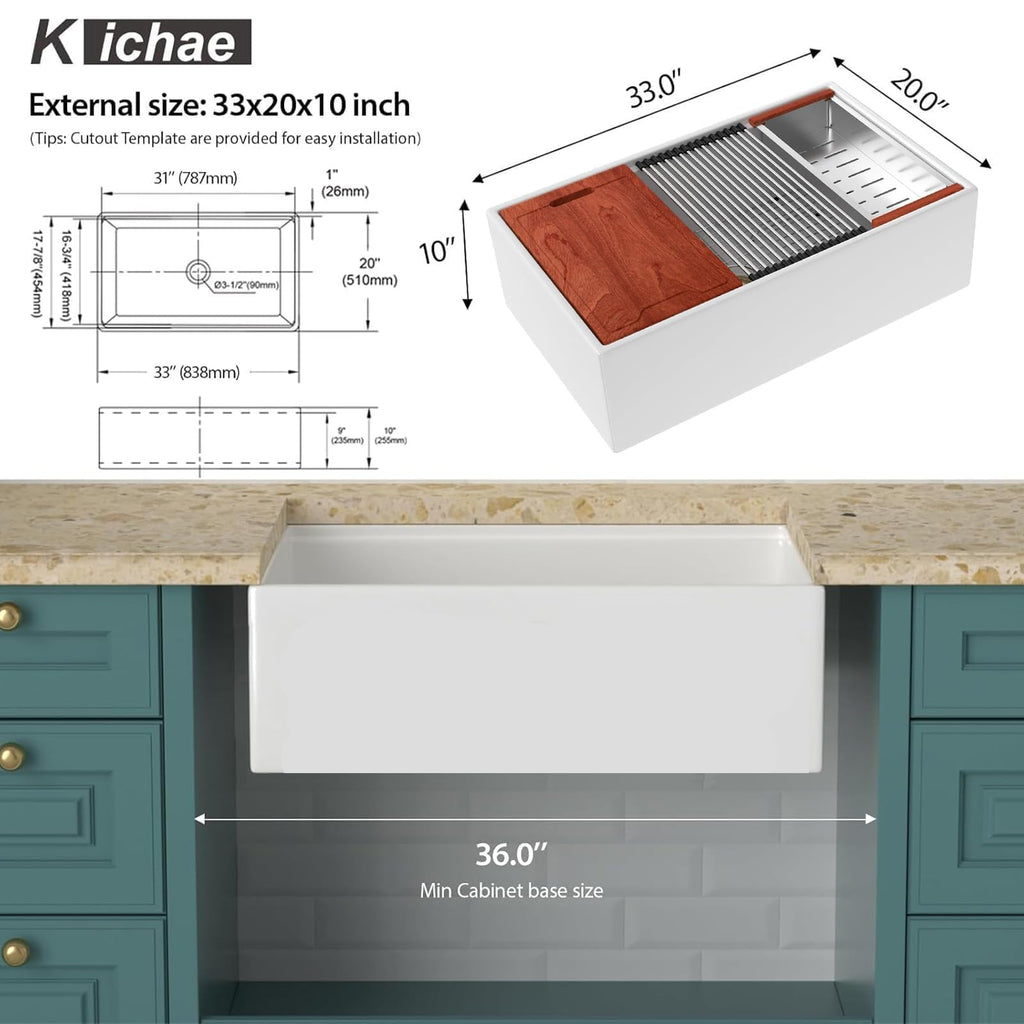 33" x 20" Fireclay White Farmhouse Sink