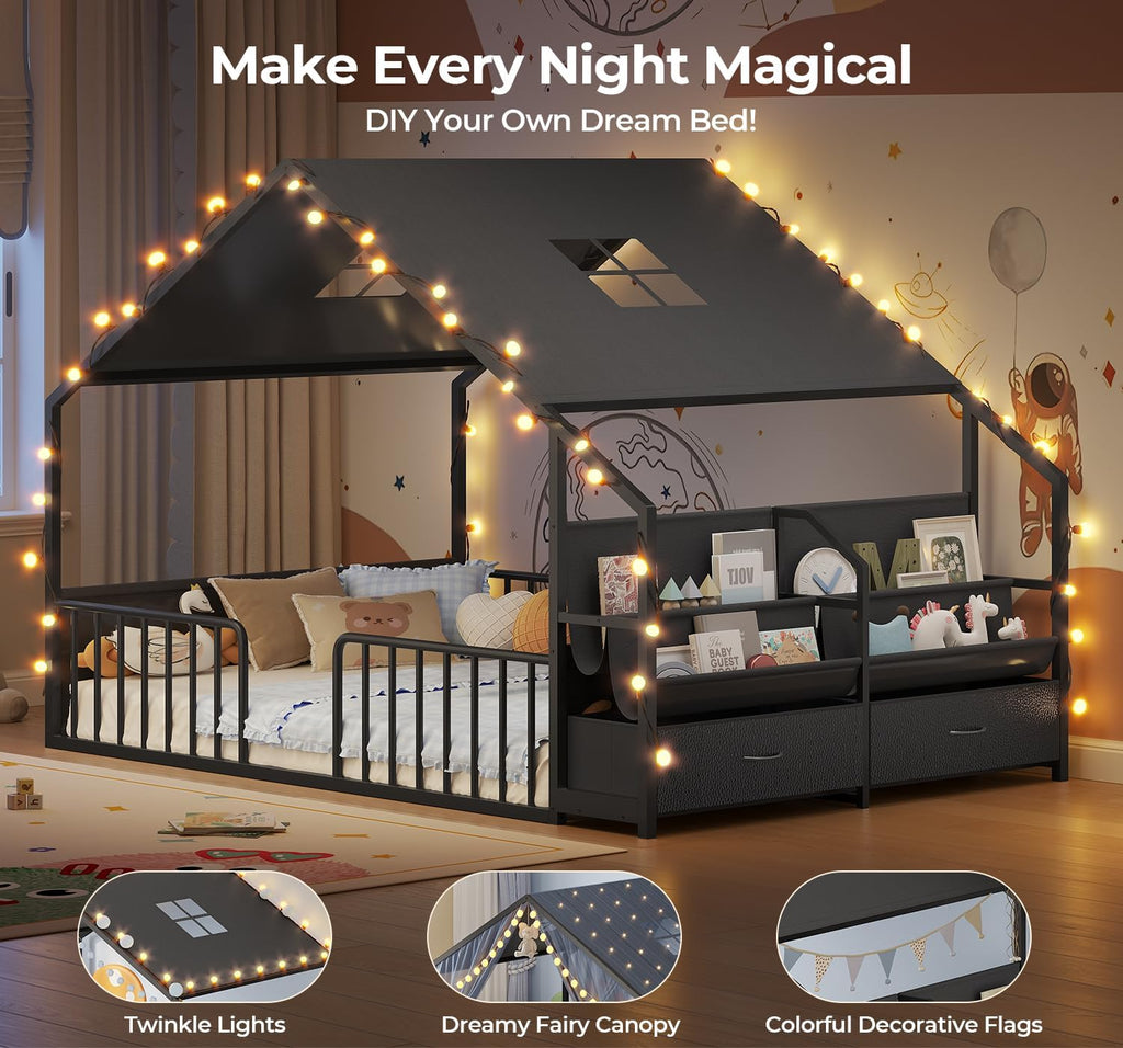 Montessori Floor Bed, Safety Guardrails, Reading Nook, Black