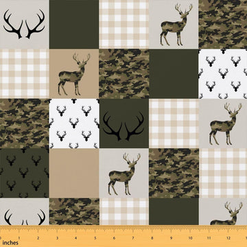 Camo Deer Fabric by The Yard for DIY Projects, Wild Animal Antlers Fabric for Craft Lovers, Camouflage Plaid Grid