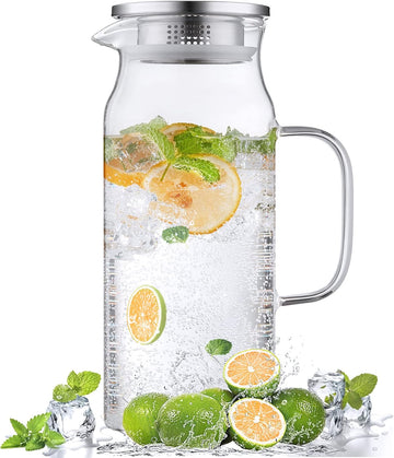 2 Liter 68 oz Glass Pitcher with Lid and Handle, Glass Carafe for Hot/Cold Water, Large Iced Tea Pitcher for Coffee