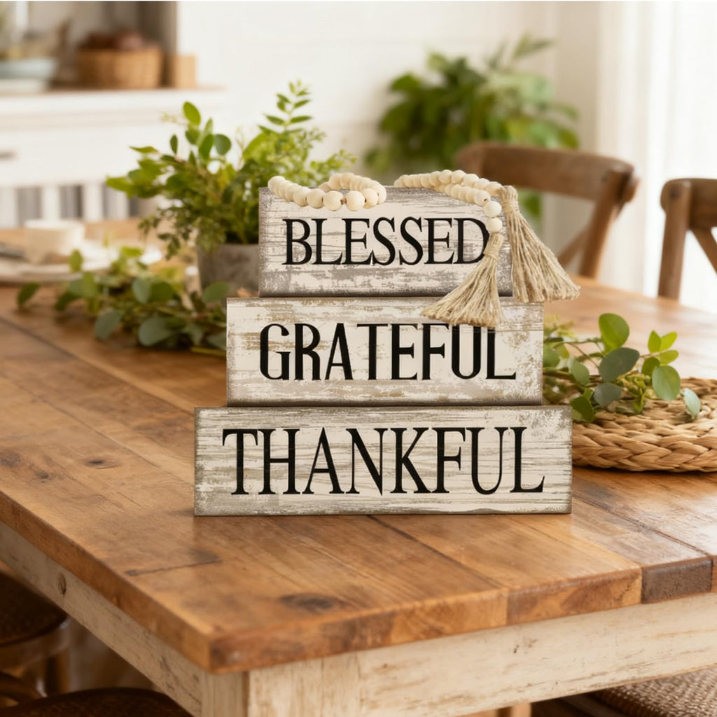 4 Pcs Farmhouse Thanksgiving Table Decor Stacked Wooden Block Sign