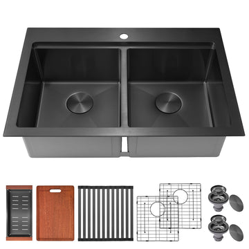 36 Inch Black Double Bowl Kitchen Sink, 36''x22'' Black Drop in 16 Gauge T304 Stainless Steel Sinks, Workstation Sink