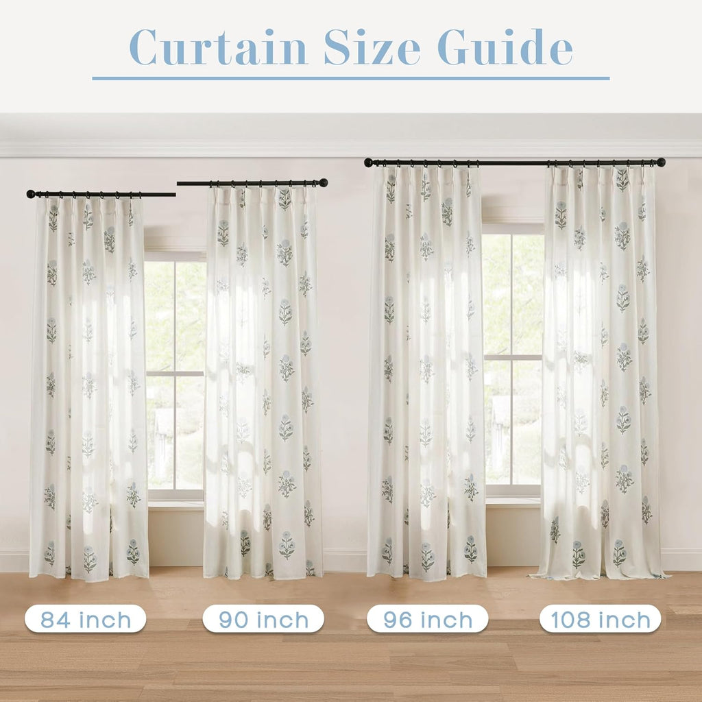 Floral Pinch Pleated Linen Curtains 96 Inch Long 2 Panel Set, Blue Green Grand Millenial Coastal Farmhouse Light