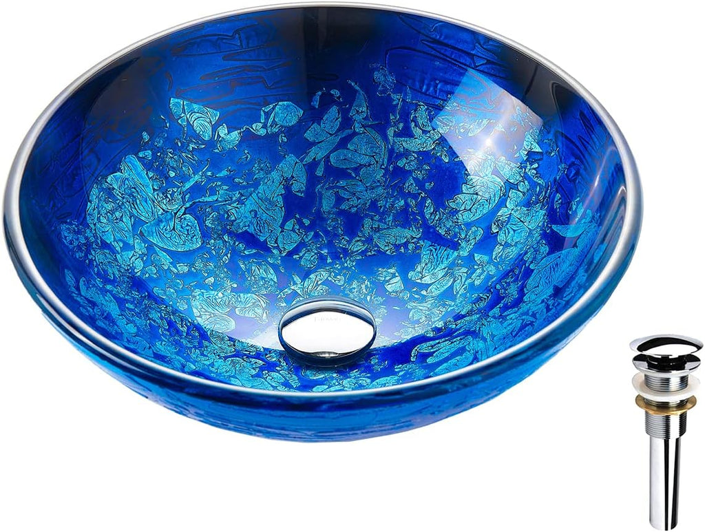 Blue OceanMystery Series Tempered Deco Glass Vessel Bathroom Sink in Starry Blue | Top Mount Sinks Above Countertop |