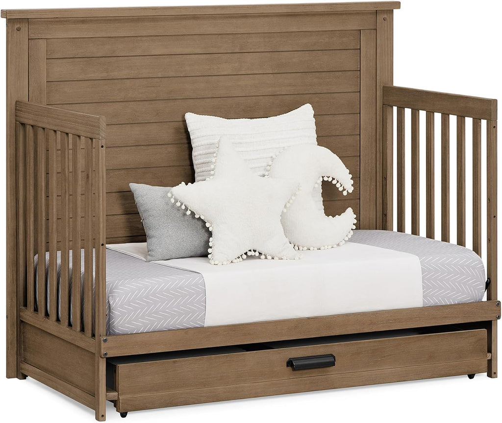 Simmons Kids Caden 6-in-1 Convertible Crib with Trundle Drawer, Greenguard Gold Certified, Aged Oak