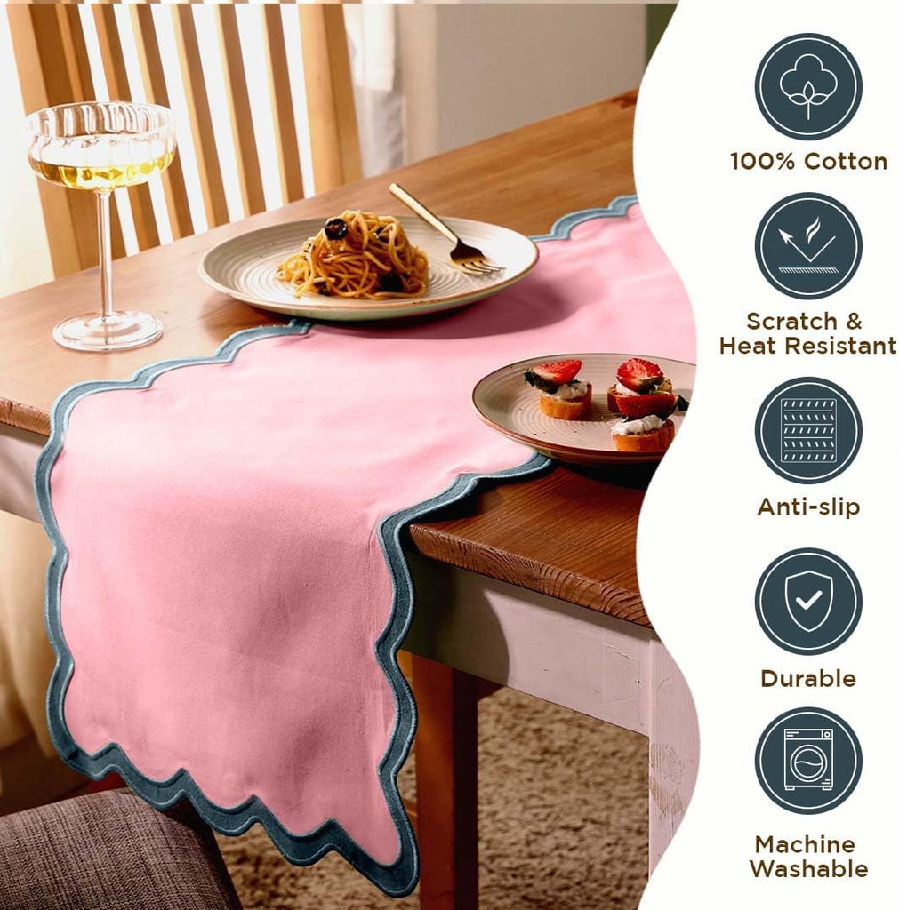 Table Runner 108 inches Long | Scalloped Pink Table Runner , Party Decorations | 100% Cotton, Machine Washable