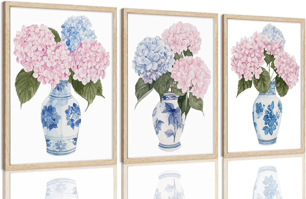 OAK Wood Framed Wall Art Pink And Blue Floral Canvas Wall Art Chinoiserie Flower Pictures Wall Decor Set of 3