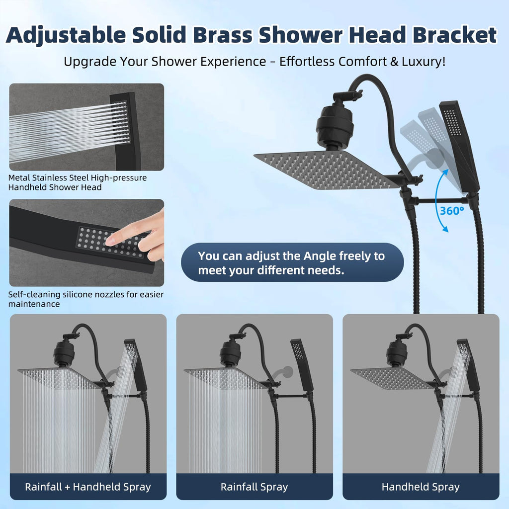 All Metal 10'' Filtered Rainfall Shower Head Combo, High Pressure Handheld Shower Wand, 12'' Adjustable Extension