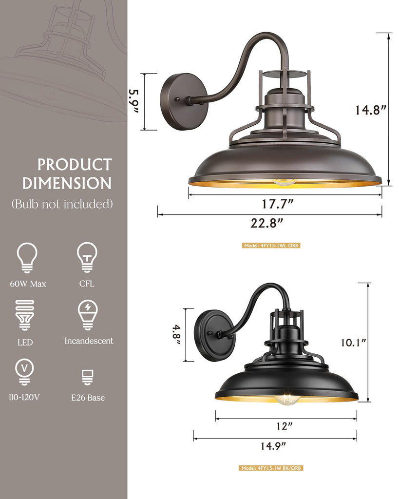 12" Outdoor Barn Light Fixture, Exterior Lighting Fixtures, Black Wall Mount Porch Lights Outdoor House Lights for