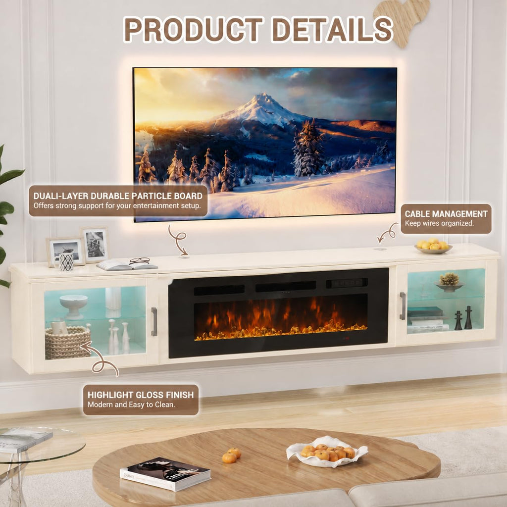 80" Floating TV Stand with 36" Electric Fireplace, White & Black