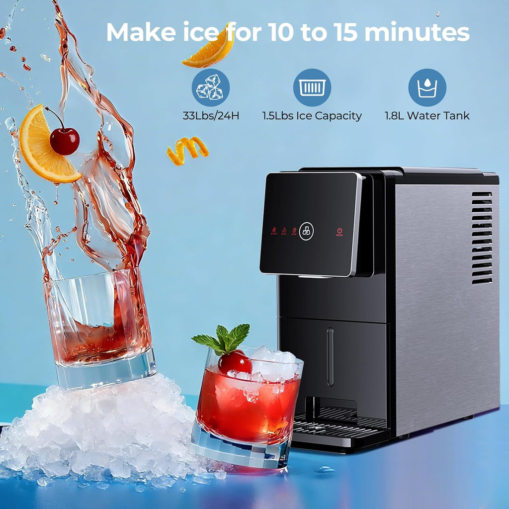 Countertop Nugget Ice Maker, Self-Cleaning Portable Ice Machine, 33 lb/24H, 1.8L Water Tank, 1.5 lb Ice Storage
