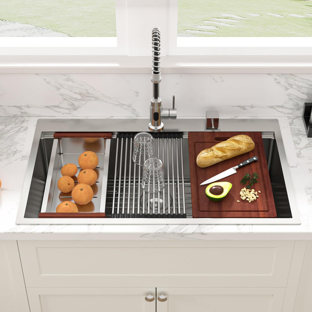 36 Inch Drop Sink - 36x22 Drop Kitchen Sink Ledge Workstation 16 Gauge Stainless Steel Sink Topmount Single Bowl Over