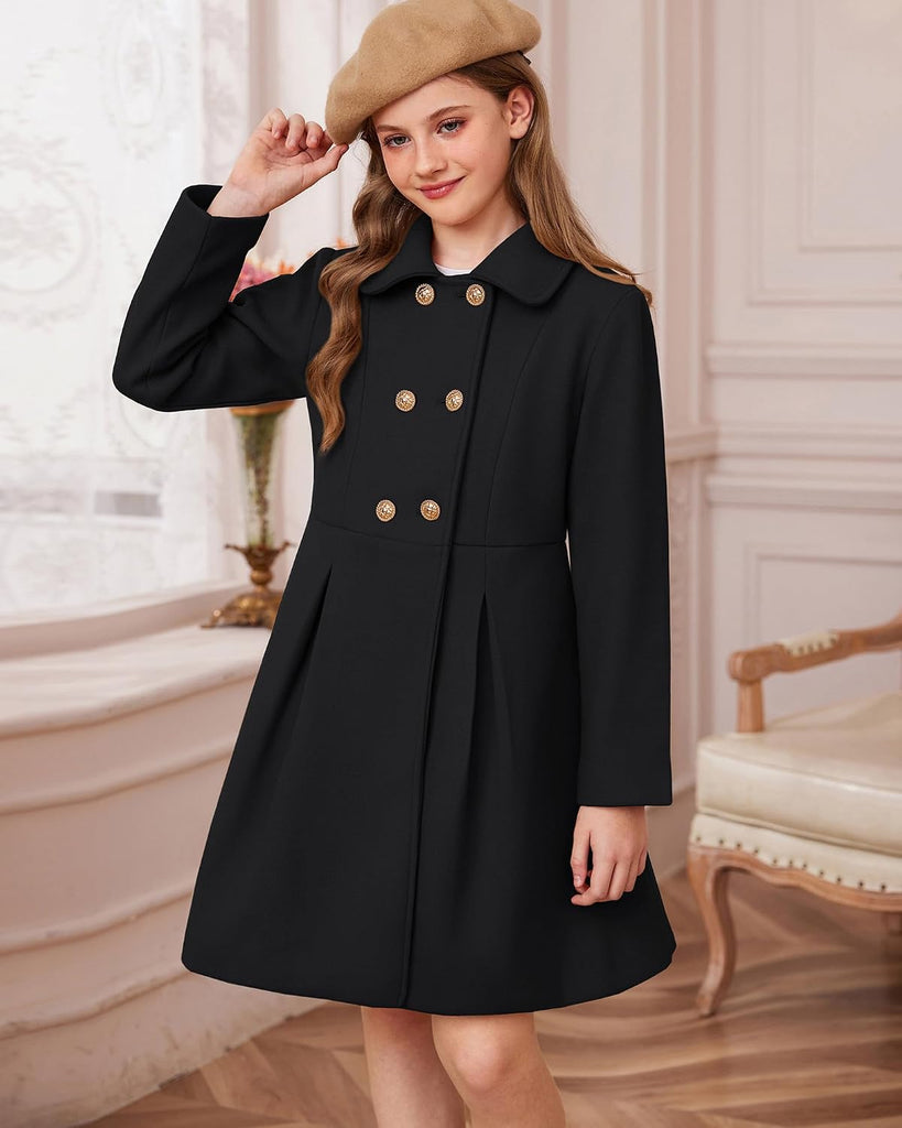 Girls Dress Coat Wool Peacoat with Lapel Pockets Winter Warm Long Jacket for Kids