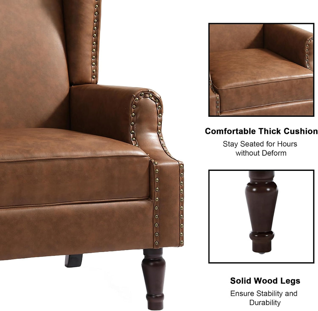 Faux Leather Wingback Accent Chairs with Wood Legs, Brown - Set of 2