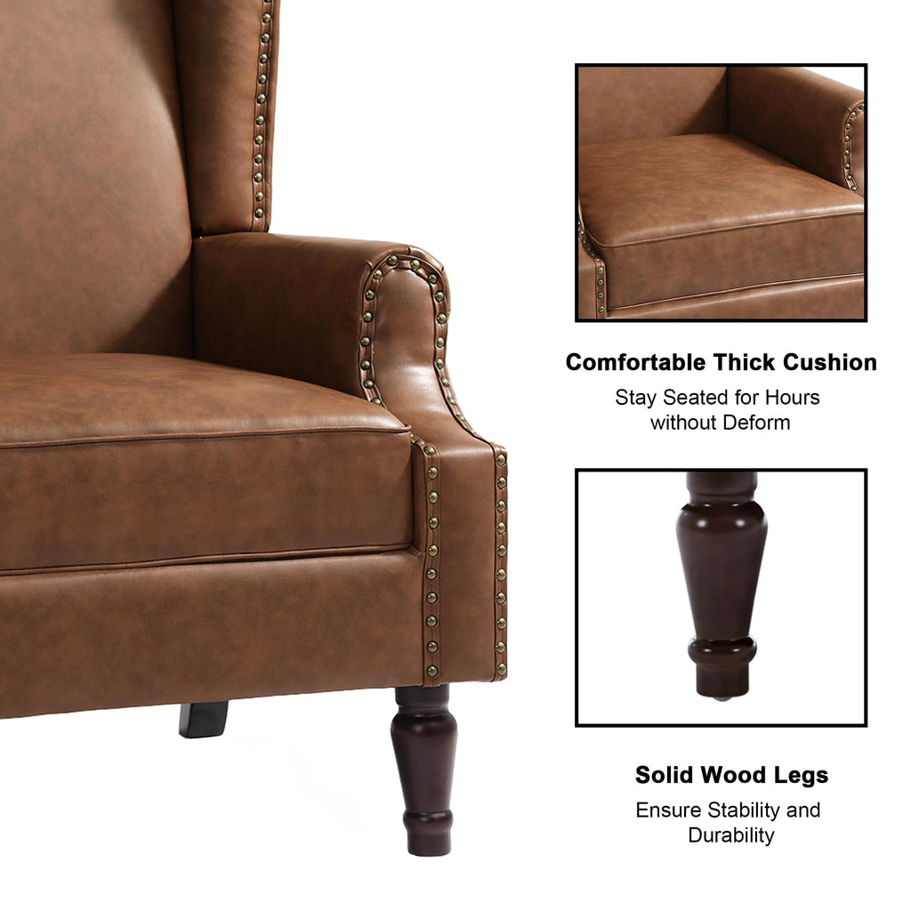Faux Leather Wingback Accent Chair with Wood Legs, Brown, Set of 1