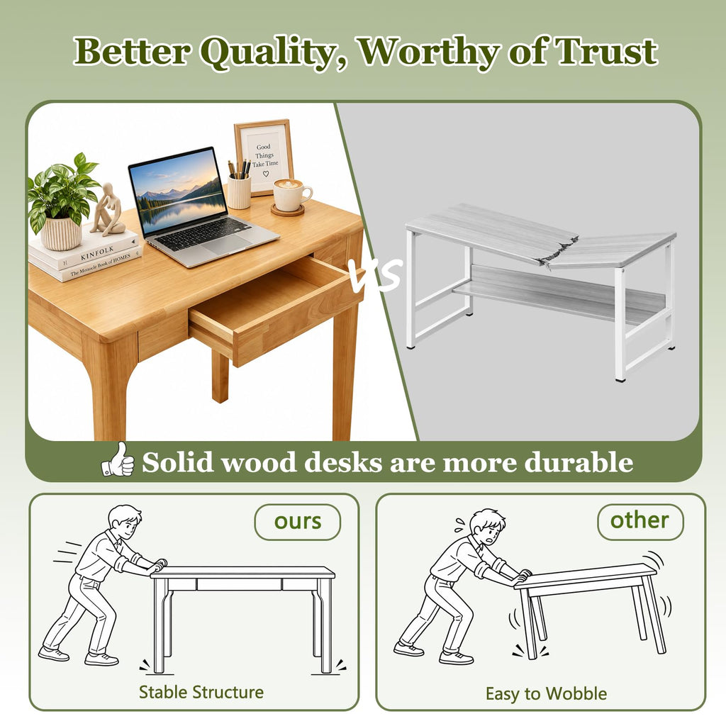 Solid Wooden Desk with Drawers, Small Oak Writing Desk, Study Table, 31.5in